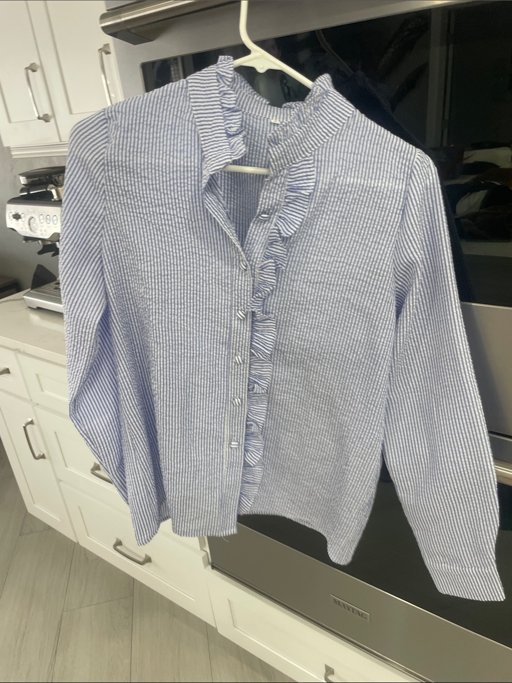 Source Unknown Blue and White Striped Ruffle Front Blouse